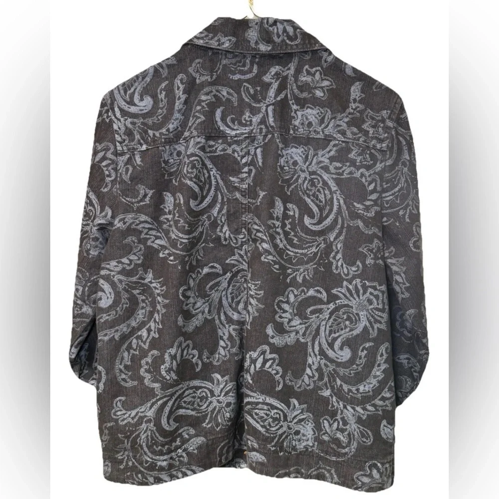 Women's Black Denim Gray Floral Button Front Jacket Coat Size Med M Pappagallo - Picture 2 of 7